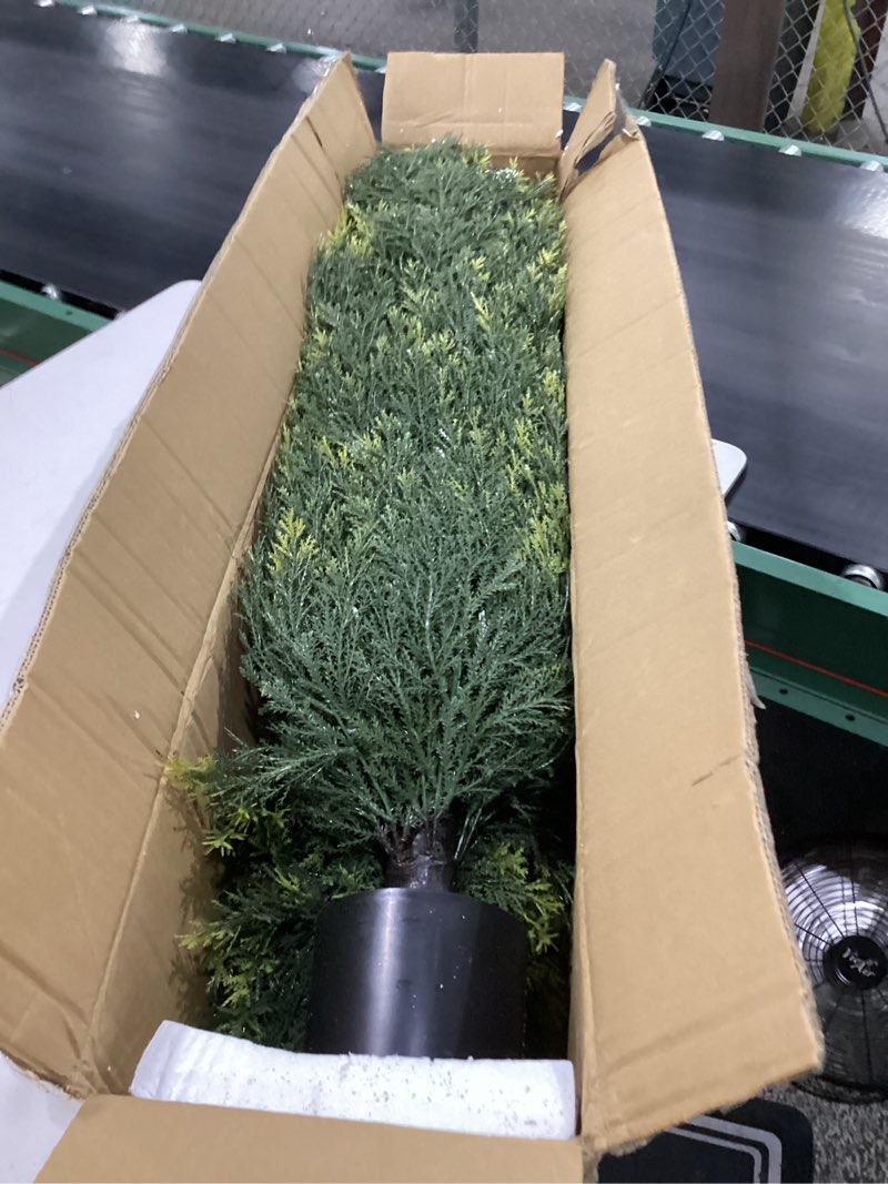 Condition photo showing New/Like New for artificial cedar topiary trees potted indoor outdoor plants 3.5ft lifelike fake potted cedar silk tree with planter and faux cedar tree for front porch home indoor outdoor decor (2 pack)