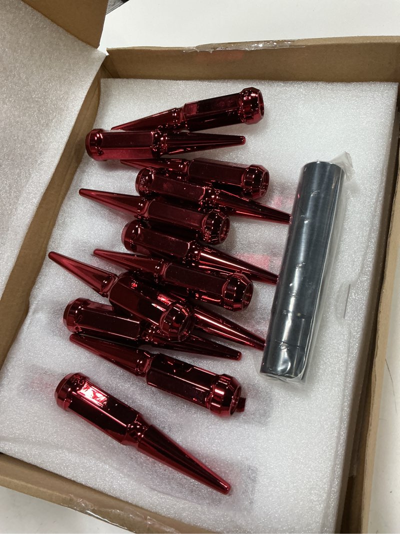 Condition photo showing New/Like New for m14x2.0 red wheel spike lug nuts, 14mmx2.0 spiked lug nut with 1 socket key, 4.4" tall cone seat closed end 3/4" hex lugnut compatible with 2007-2014 expedition navigator, set of 32 red m14x2.0 32