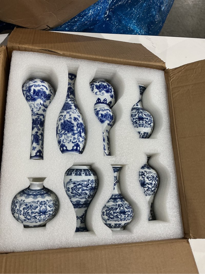 Condition photo showing Good Condition for set of 8 chinoiserie vase blue and white vases home decor blue bud vases for home table decor centerpieces living room bookshelf