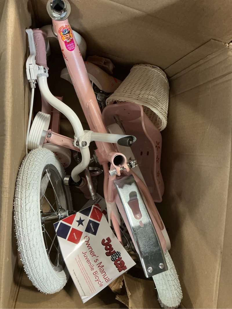 Condition photo showing As Is for joystar unicorn kids bike for girls ages 2-9 years old, 12 14 16 18 inch kids bike with training wheels, doll seat, streamers and basket, toddler girl bicycle, multiple colors pink 18 inch with training wheels & kickstand