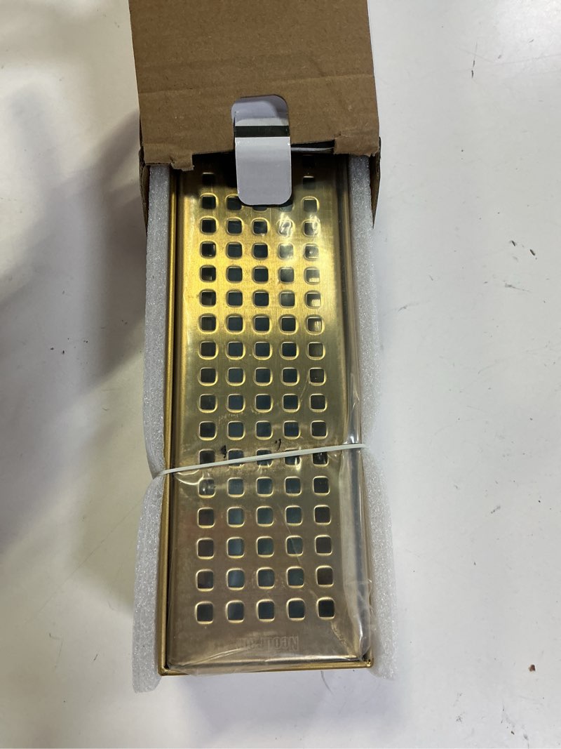 Condition photo showing Good Condition for Neodrain 18-Inch Brushed Brass Linear Shower Drain with Removable Quadrato Pattern Grate,Professional 304 Stainless Steel Gold Rectangle Shower Floor Drain Manufacturer,Linear Drainwith Hair Strainer Golden 18 In
