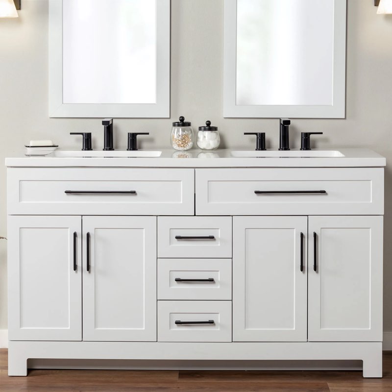  style selections cauley 60-in true white double sink bathroom vanity with white cultured marble