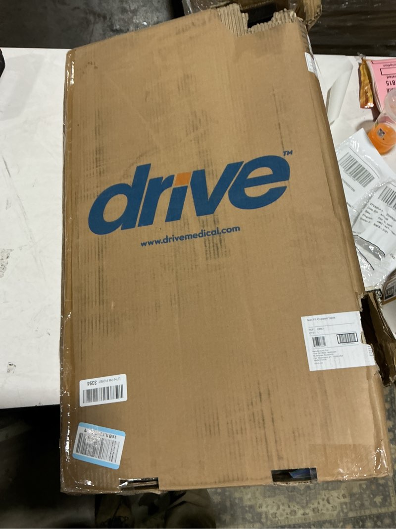 Condition photo showing Good Condition for Drive Medical Overbed Table with Wheels - Secure Height Adjustment for Comfort - Non Tilt Surface - Smooth Rolling Design - Home & Hospital Use - Woodgrain Laminate Top - Silver Vein Silver Vein Table