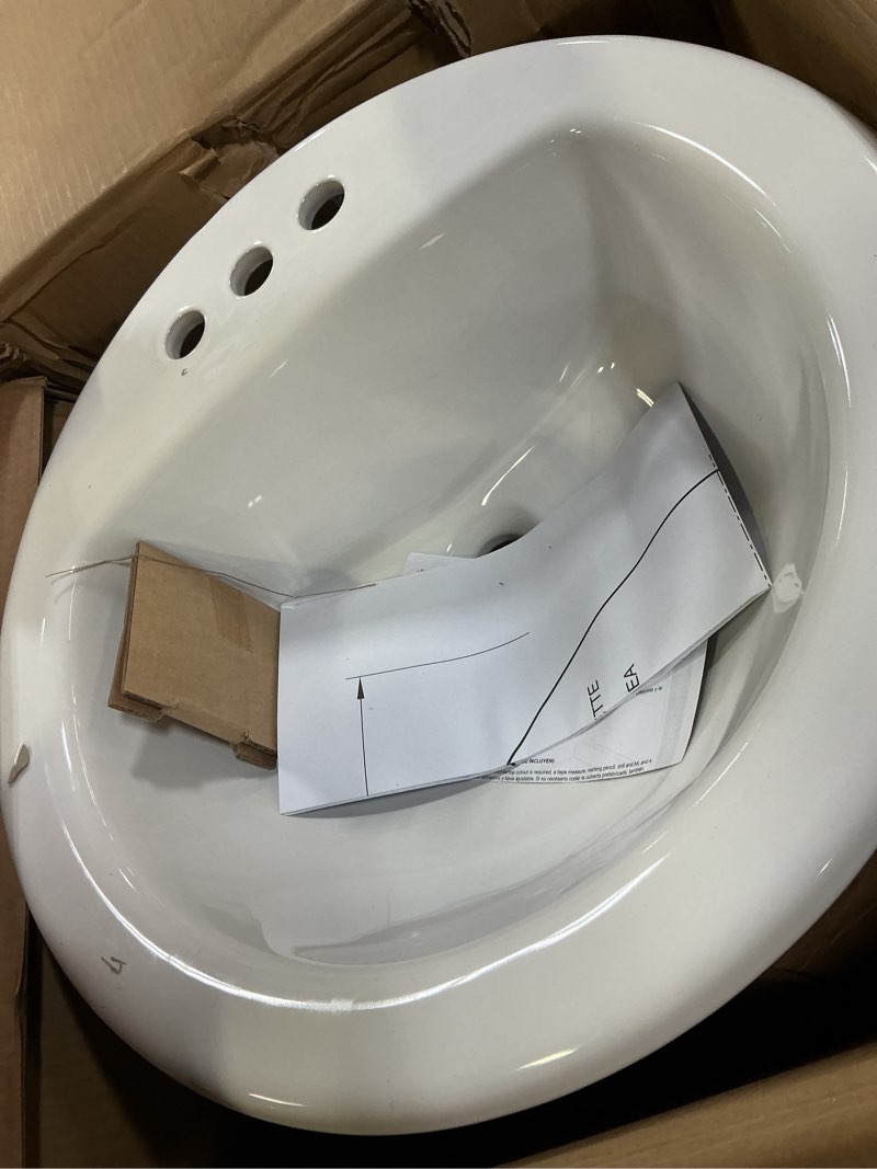 Condition photo showing As Is for project source vitreous china drop-in round white bathroom sink (19-in x 19-in)