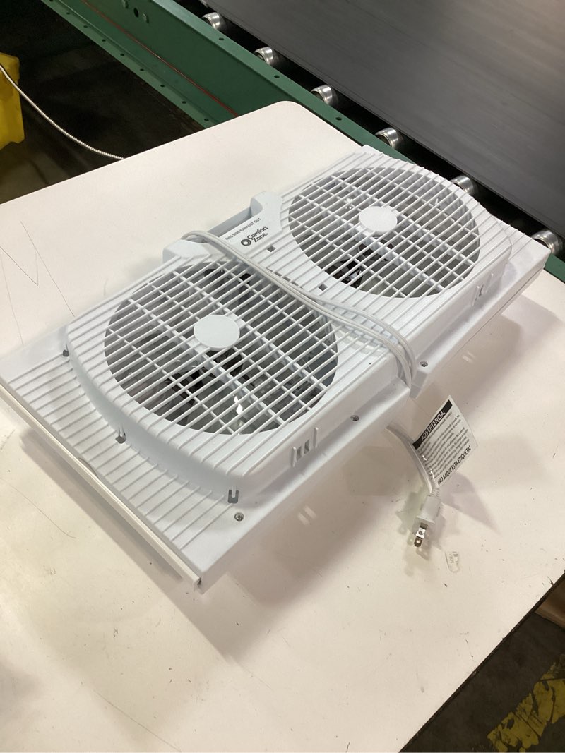Condition photo showing As Is for comfort zone 9-inch 3-speed reversible twin window fan – dual blade window exhaust fan with auto-locking expanders, 22.25" to 33" wide – tabletop feet & removable bug screen included white 3-speed