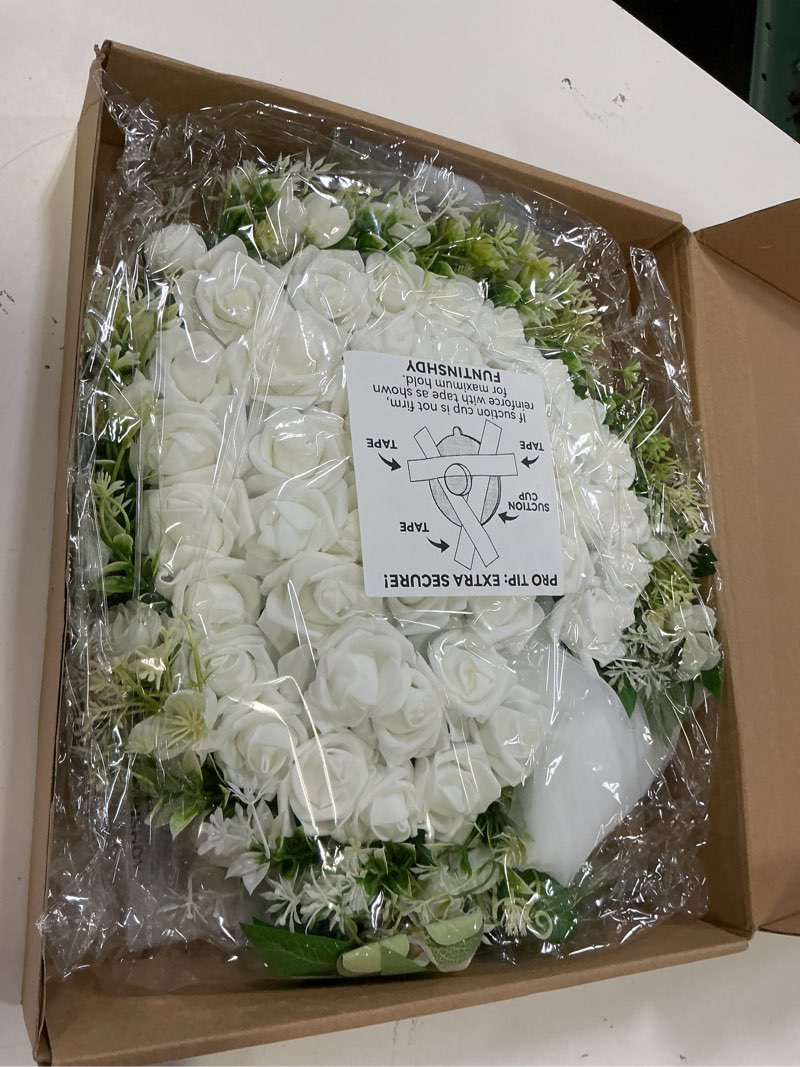 Condition photo showing New/Like New for wedding car decorations kit - artificial white rose heart wreath with tulle & greenery vines, just married banners - complete rustic bridal car decor set with mirror flowers & window decal (white)