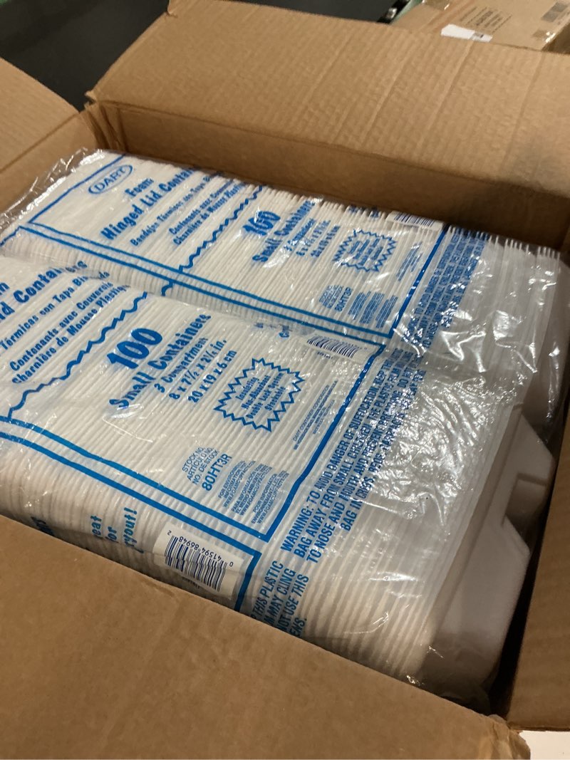 Condition photo showing New/Like New for dart 80ht3r sm 3 comp foam hinged container, 8 in (case of 200)