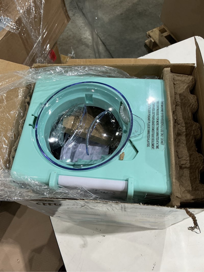 Condition photo showing As Is for nostalgia snow cone machine with 2 reusable plastic cups & ice scoop for easy serving- retro table-top ice cone maker makes 20 icy treats- slushie machine for parties, family treats & gatherings- aqua table top aqua
