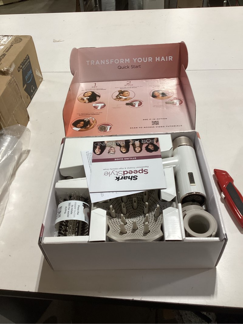 Condition photo showing New/Like New for Shark Hair Dryer SpeedStyle RapidGloss Finisher and High-Velocity, Ionic Hair Blow Dryer with IQ Speed Styling and Drying Suite, No Heat Damage, Best for Curly and Coily Hair, Silk, HD332 SpeedStyle-Curly & Coily Hair. NOT TESTED