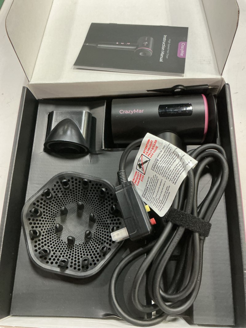 Condition photo showing New/Like New for crazymar hair dryer,180000 rpm high-speed blow dryer with diffuser,500m negative ionic hair dryer for fast drying, smart temperature control,low noise,lightweight travel hair dryer for women & men black