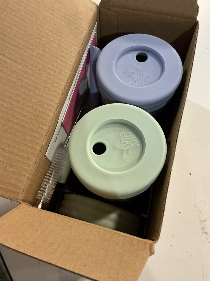 Condition photo showing Good Condition for elk and friends 10oz stainless steel kids + toddler drinking cups | the original mason jar with sleeves + lids | silicone straws | smoothies | storage jar | spill resistant | dishwasher safe | 2 pack sage/misty blue 10oz
