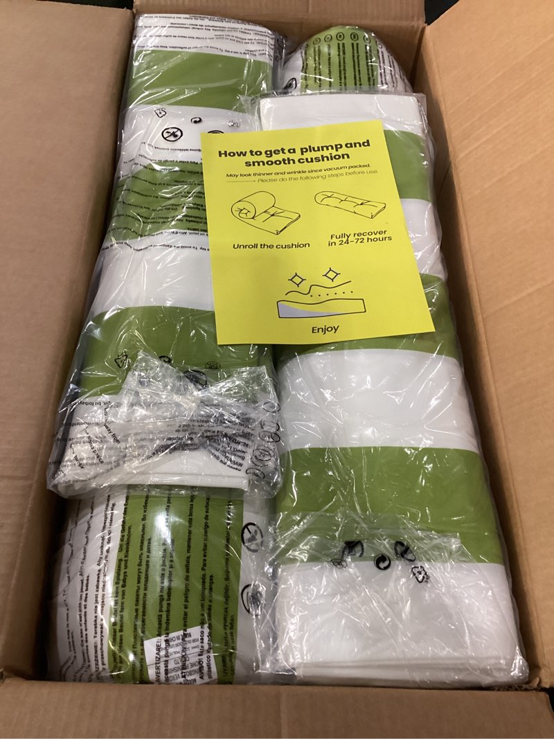 Condition photo showing New/Like New for Outdoor Chaise Lounge Cushion Set of 2 with Head Pillow and Side Pockets, Water Repellent & Weather Resistant Patio Recliner Lounge Chair Cushions for Lawn, Pool & Beach (Green Stripe, 80" x 23") 80"x 23" Green 2