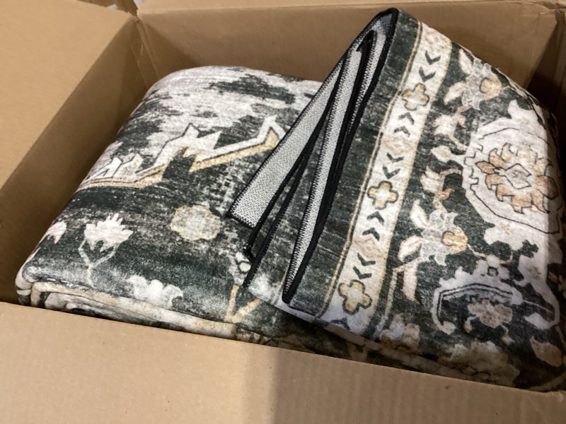 Condition photo showing Good Condition for boho light grey living room rug 8x10 - modern vintage eclectic floral pastel neutral taupe, washable low pile non-slip extra large area rugs for dining under table bedroom lounge 8' x 10' (rectangular) light gray