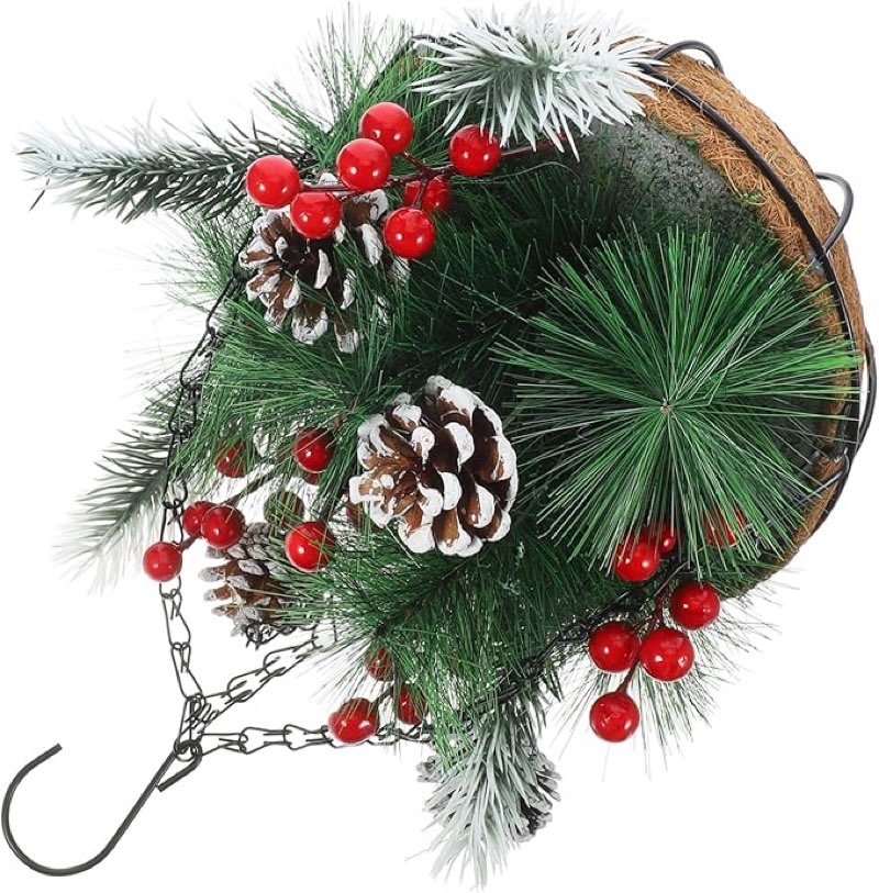 2 pc Christmas Flower Basket Pendant Outdoor Hanging Decor for Xmas Scene Bright Faux Floral Arrangement for Door Porch Window Holiday Decoration for Festive Atmosphere