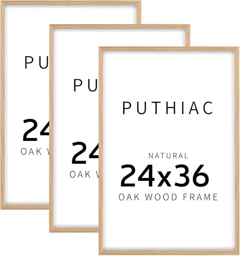 puthiac 24x36 solid oak wood picture frame, 24 x 36 poster frames for wall, vertical or horizontal, plexi front, 3 pack, natural oak