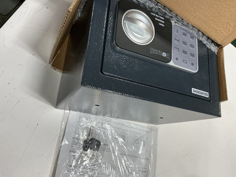 Condition photo showing Good Condition for PATRON fireproof safe box for home ?mini safe for money?coin safes with code?fire proof lock box for kids?Wall or Cabinet Safe for personal items?0.236 Cubic Feet Black Black+Fireproof