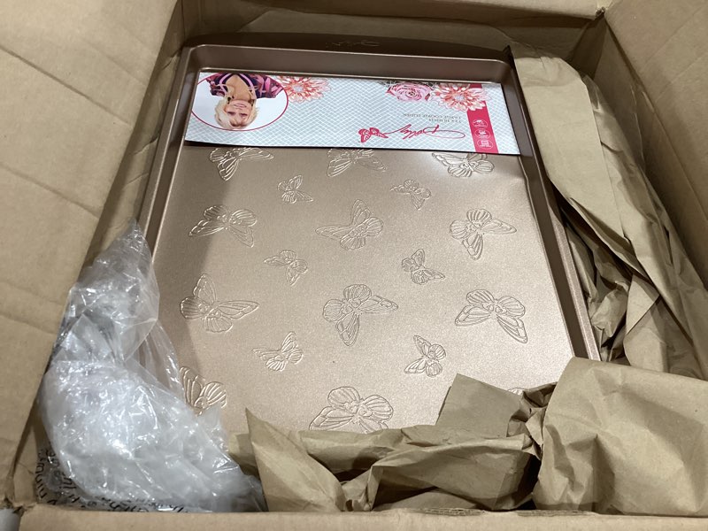Condition photo showing Good Condition for dolly parton butterfly stamp cookie slider – carbon steel nonstick bakeware with textured butterfly design, durable rolled rim, oven safe to 450f, perfect for cookies, pastries and pizza