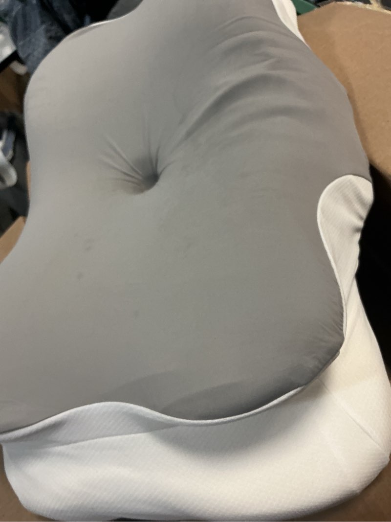 Condition photo showing As Is for heated cervical pillow for neck pain relief, ergonomic contour orthopedic memory foam pillow for neck support, usb heating with adjustable temp settings aa-grey