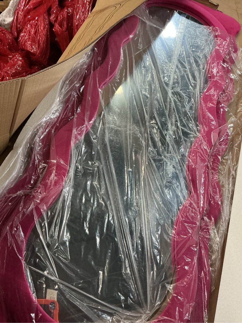 Condition photo showing Good Condition for dewfig full length mirror, 63" x 24" irregular wavy mirror, large floor length mirrors wall mounted, standing wavy mirrors with flannel wrapped wooden frame for bedroom/living room, hot pink