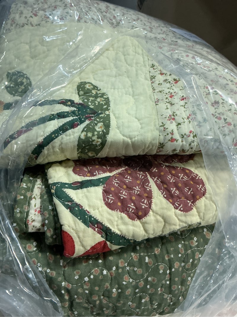 Condition photo showing Good Condition for vctops Farmhouse Green 3 Piece Embroidered Floral Quilted Bedspread Quilt Set 100% Cotton Reversible Patchwork Coverlet Set 1 Quilt and 2 Pillow Shams (Green,Queen) Queen(91"x98") Green