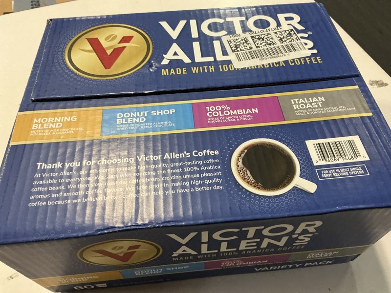 Condition photo showing New/Like New for (BB 12 23 2027)Victor Allen's Coffee Variety Pack (Morning Blend, 100% Colombian, Donut Shop Blend, and Italian Roast), 80 Count, Single Serve Coffee Pods for Keurig K-Cup Brewers
