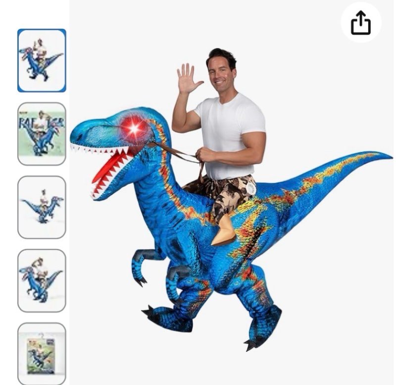 Spooktacular Creations Adult Inflatable Dinosaur Costume, with LED Light Eyes Riding a Raptor, Blue 