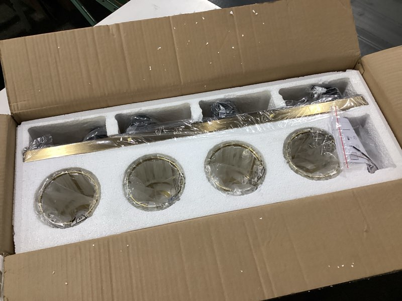 Condition photo showing New/Like New for modern crystal bathroom vanity lights, gold 5-lights bathroom light fixtures over mirror, crystal wall lighting with polished brass finish gold-round shade 5-light