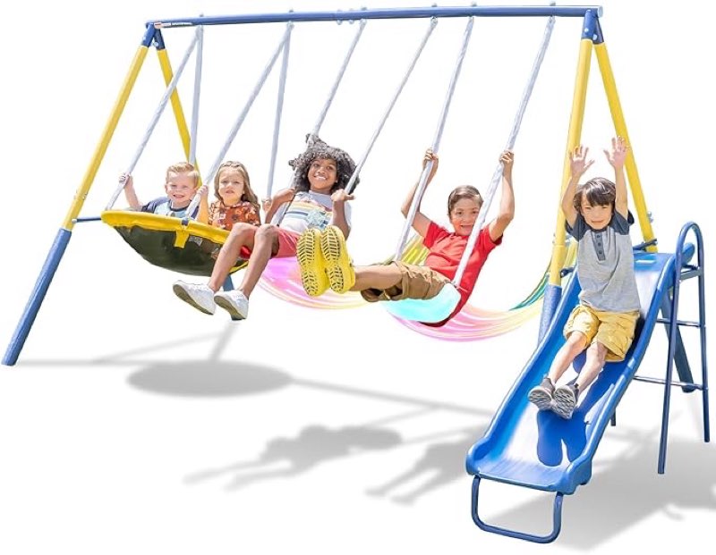 sportspower starlight metal swing set with 2 led light-up swings, saucer swing & 5ft slide – outdoor kids playset with sturdy frame and safety features