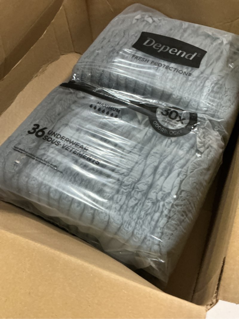 Condition photo showing New/Like New for Depend Fresh Protection Adult Diapers, Incontinence Underwear for Men, Disposable, Maximum, Large, Grey, Count (1 Packs of 36), Packaging May Vary Large 