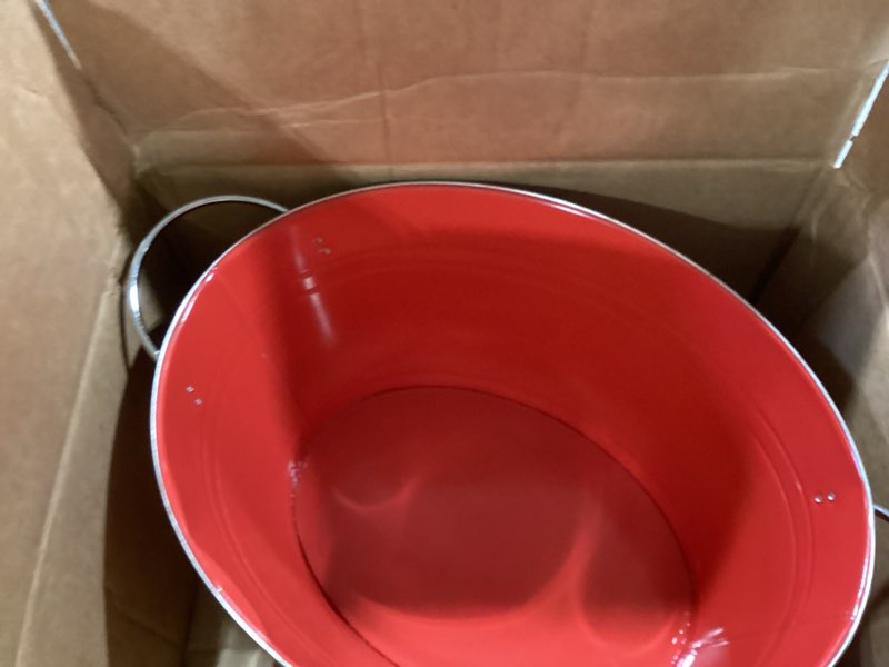 Condition photo showing Good Condition for twine big red ice bucket - galvanized metal drink beverage tub for home parties, country home wine and beer chiller, holds 4.5 gallons big tub