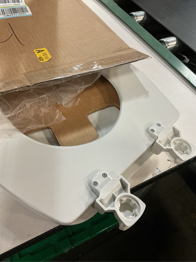 Condition photo showing As Is for church toilet seat, easy clean hinges release for deep cleans, durable enameled wood seat, elongated, white