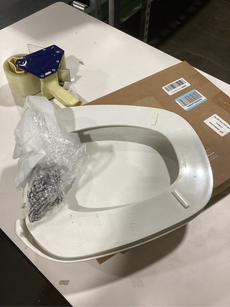 Condition photo showing As Is for Centoco Eljer Emblem Round Toilet Seat with Square Front, Closed Front with Cover, Residential, Plastic, Made in the USA, EMB201-001, White Round 001-White