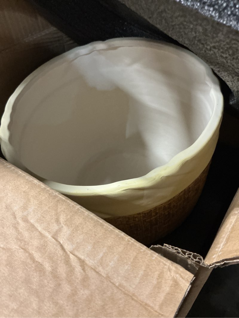 Condition photo showing Good Condition for ceramic planter - 9.8 inch plant pot for indoor outdoor plants, boho ceramic plant pots with drainage hole and plug, round indoor planter, garden decor, gardening gifts for women, brown 9.8 inch brown