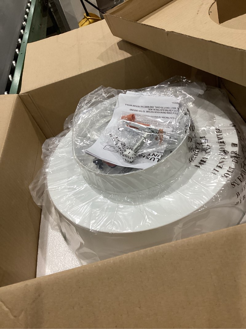 Condition photo showing Good Condition for canarm adira 14-inch led flush mount ceiling light, white acrylic drum, integrated dimmable led, modern lighting for bedroom or kitchen