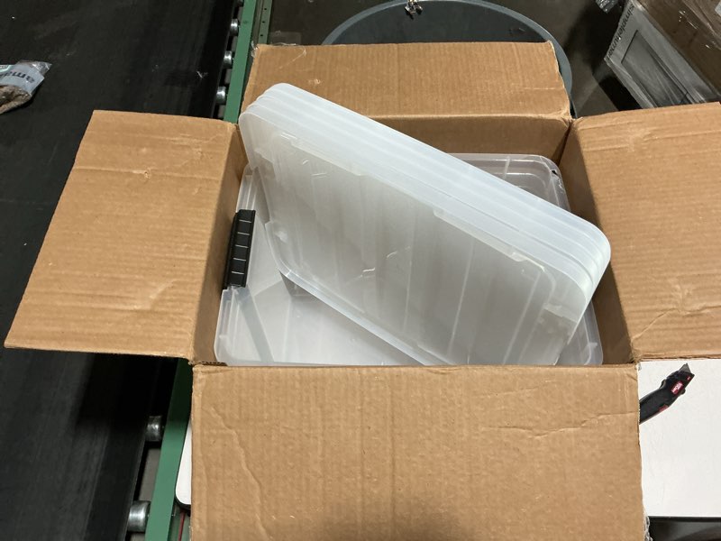 Condition photo showing As Is for iris usa 40 qt stackable plastic storage bins with lids, 4 pack - bpa-free, made in usa - see-through organizing solution, latches, durable nestable containers, secure pull handle - clear clear 40 qt 4 pack