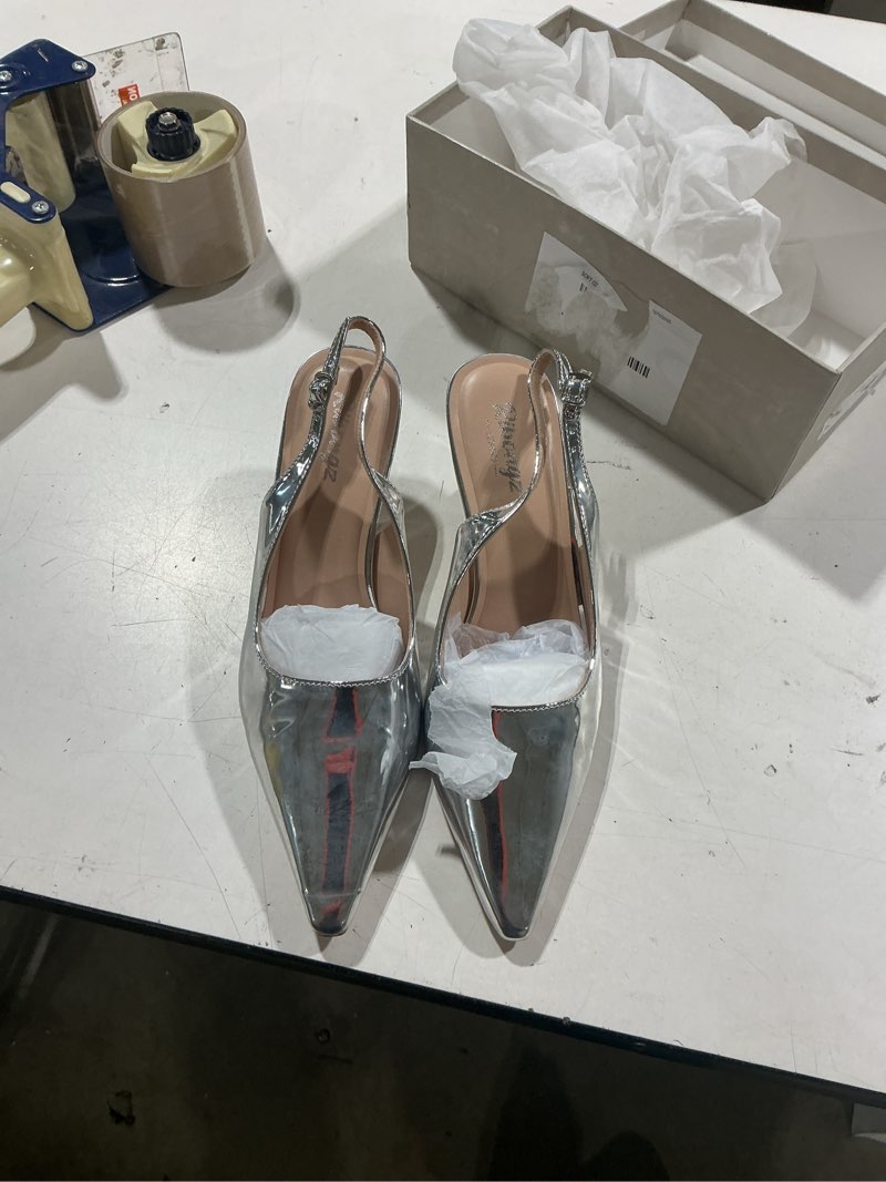 Condition photo showing Good Condition for ribongz kitten heels for women pointed closed toe pumps low heel slingback heels with buckle strappy comfort dress shoes for dating wedding prom party working 6 silver