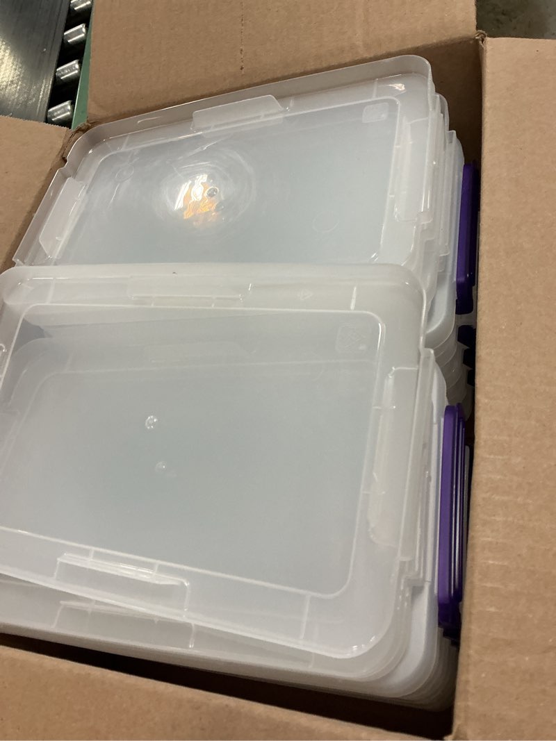 Condition photo showing New/Like New for iris usa 3 qt. plastic craft storage container bins with lids, 10 pack, small art & office supply organizer tote, sensory bins & boxes for home & university, stackable, secure latch buckles, clear 3 qt. - 10 pack stack