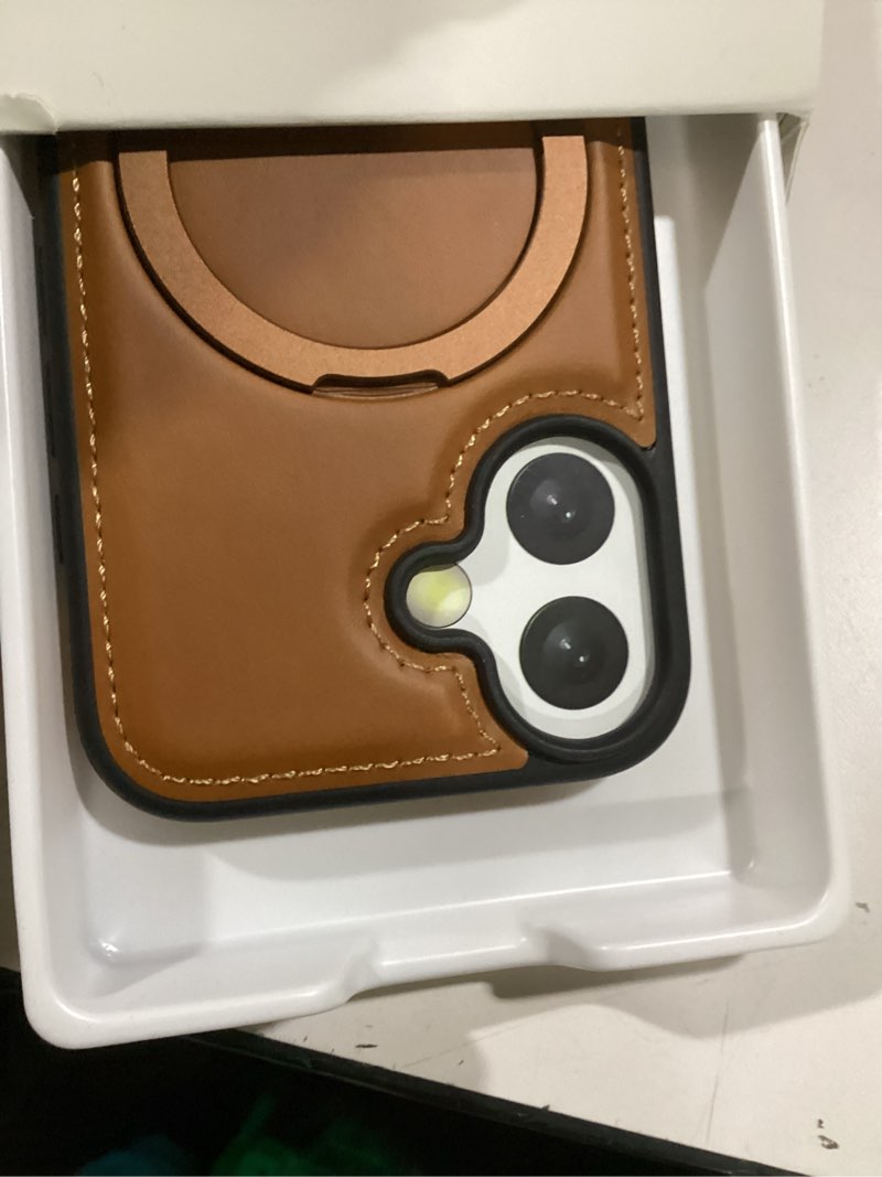 Condition photo showing New/Like New for for iPhone 17 Leather Case with Stand, Anti-Slip Grip Ring, Fits for MagSafe (Brown, IP17-6.3inch) IP 17-6.3inch Brown