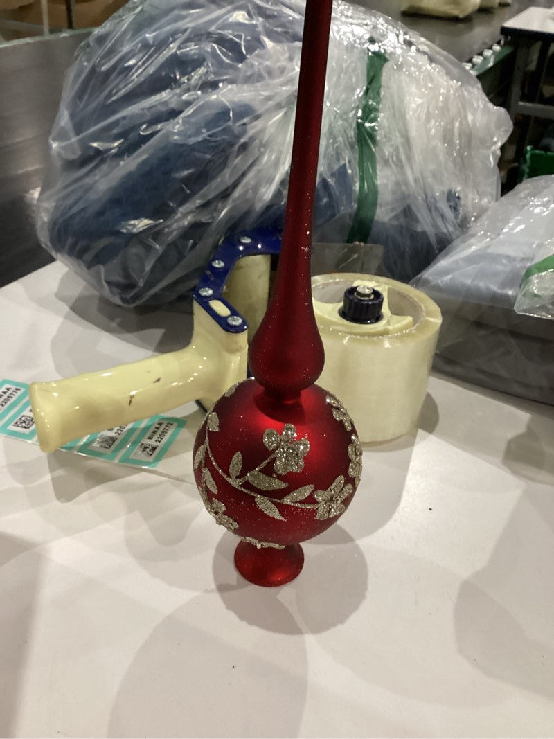 Condition photo showing Good Condition for Glass Spherical Christmas Tree Topper Finial Christmas Ornaments with Carved Flowers Holiday Indoor Suitable for Home Party Decoration, 9.8inches, Red
