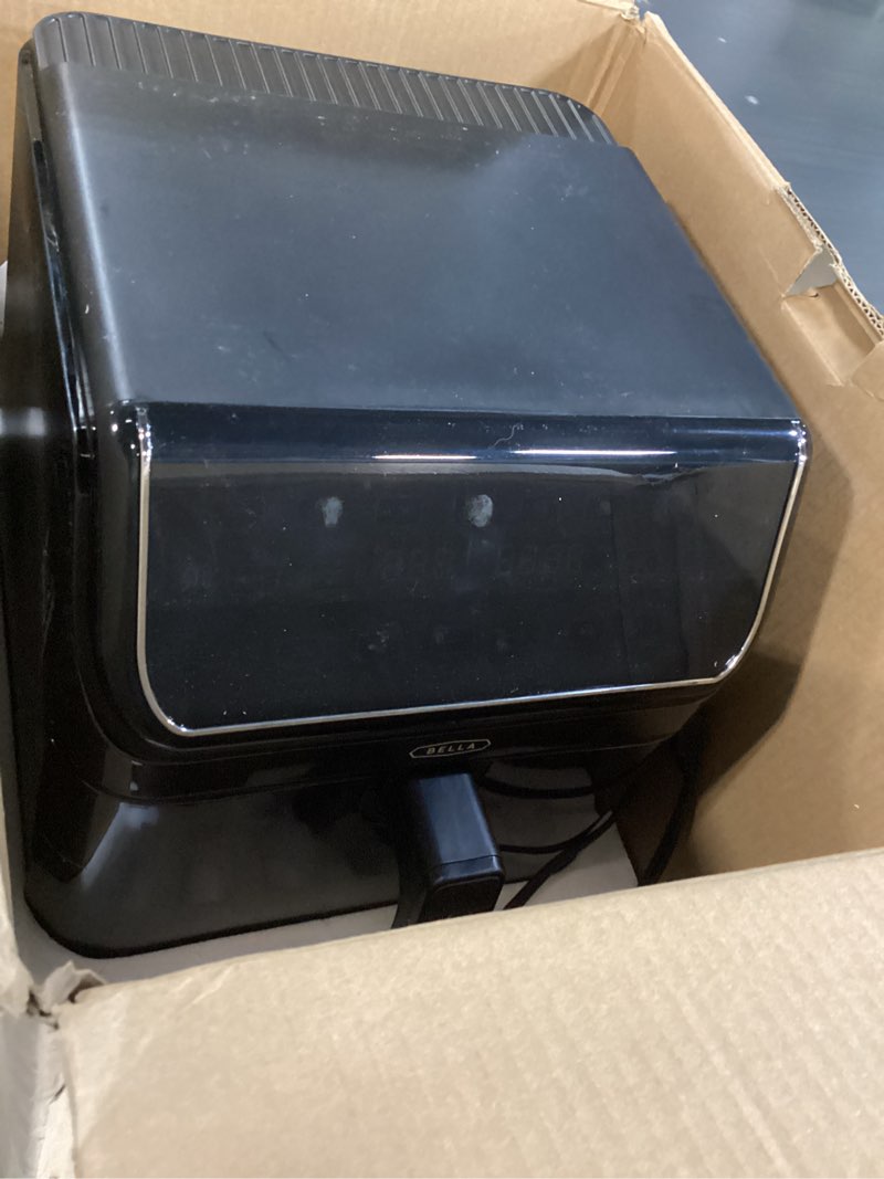 Condition photo showing As Is for bella 8 Qt Digital Air Fryer with TurboCrisp Technology, Large Family Size Nonstick Cooking Basket and Crisping Tray, Multiple Preset Functions, Auto Shutoff, Black, 1750 Watt