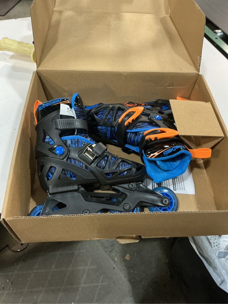 Condition photo showing Good Condition for roller derby tracer adjustable inline skates for boys, girls, kids, beginners black/blue/orange small (12-1)