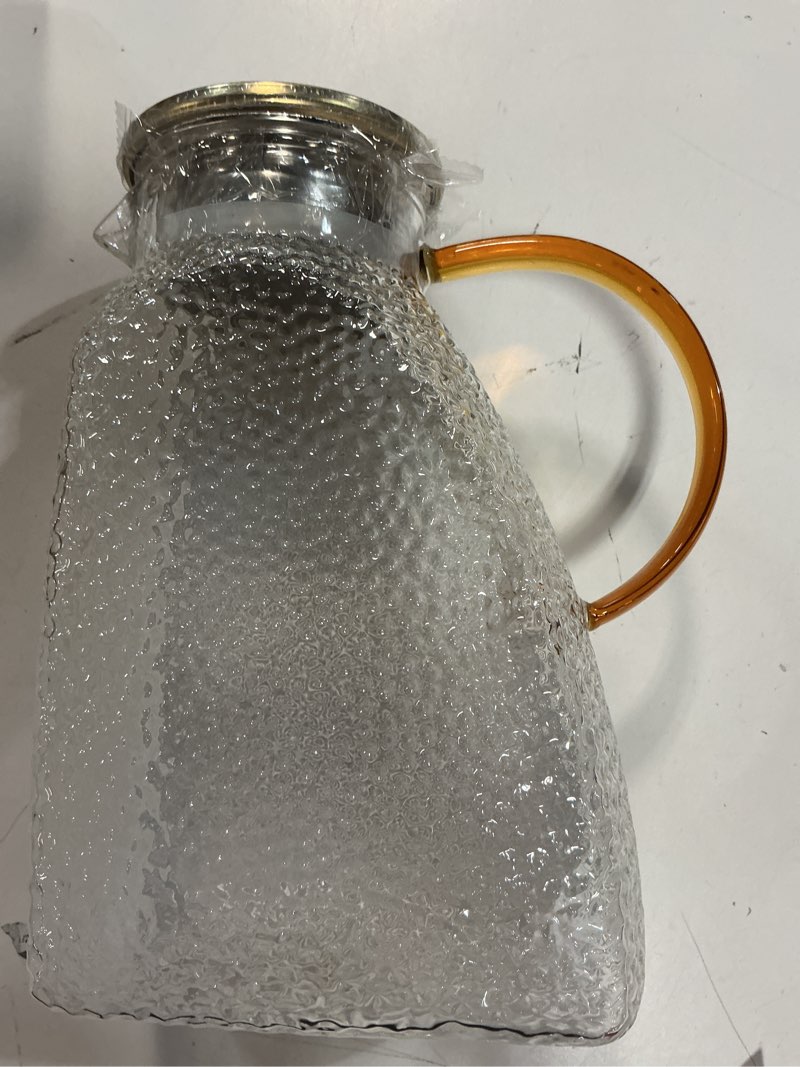 Condition photo showing As Is for hedume fridge door water pitcher, 1.8 liter/60oz gold lid, high borosilicate glass leakproof ice tea pitcher for hot or cold beverage 60.9 ounces
