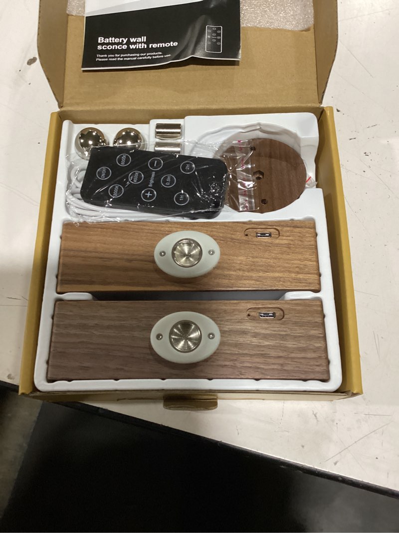 Condition photo showing New/Like New for detarzinled wooden wall sconce battery operated with remote,rechargeable wall lights for bedroom with 3 color temperature, magnetic, stick-on, dimmable wall reading lights (walnutwood, 2 pack) 2pack-walnut wood remote&touch control