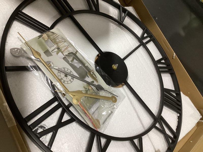 Condition photo showing Good Condition for Large Modern Metal Wall Clocks Rustic Round Nearly Silent Little Ticking Battery Operated Roman Numerals Clock for Living Room/Bedroom/Kitchen Wall Decor-(Black, 47cm) 19 Inch Black-roman Number