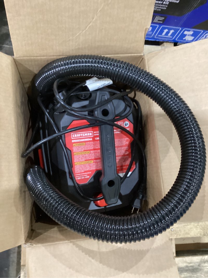 Condition photo showing As Is for craftsman 3-gallon 3 hp corded wet/dry shop vacuum with accessories included