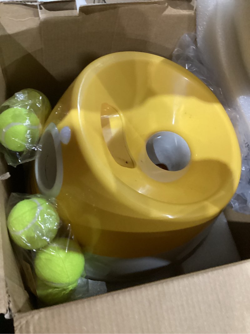 Condition photo showing As Is for automatic dog ball launcher, dog ball thrower with 15 mini tennis balls sizing 2 inch and mesh bag, interactive dogs toys tennis balls launcher for small dogs with 3 distance settings orange