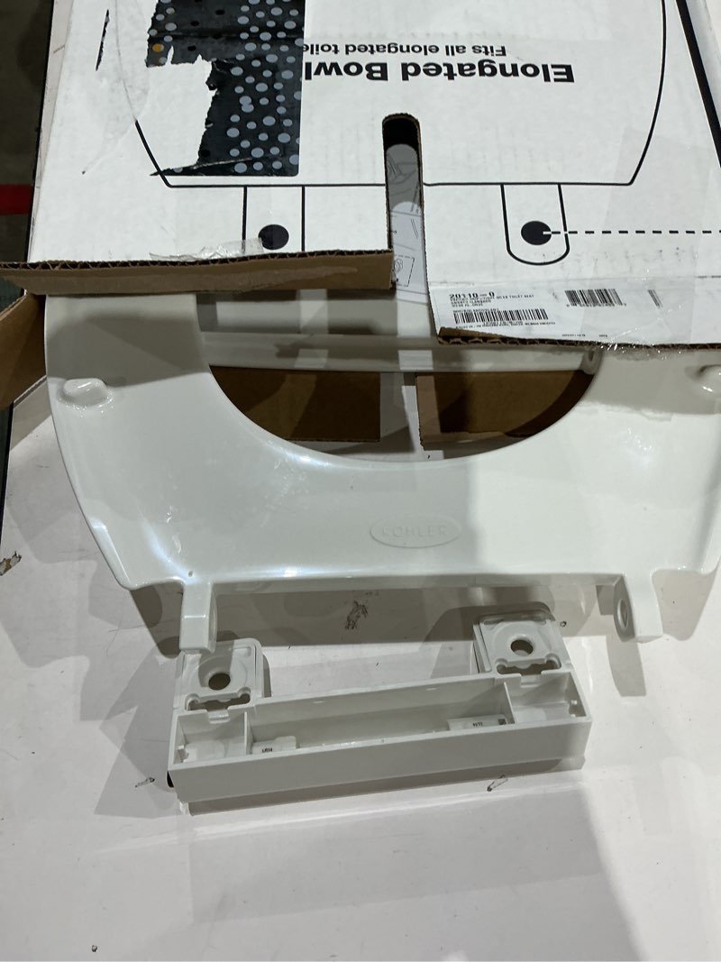 Condition photo showing As Is for kohler k-20110-0 brevia elongated toilet seat with grip-tight bumpers, quiet-close seat, quick-attach hardware, white