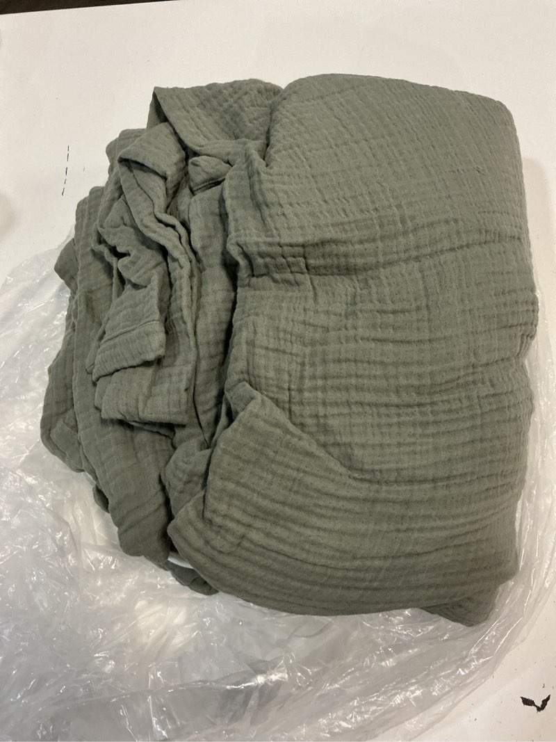 Condition photo showing As Is for quince organic cotton gauze blanket, king/cal king, dried sage