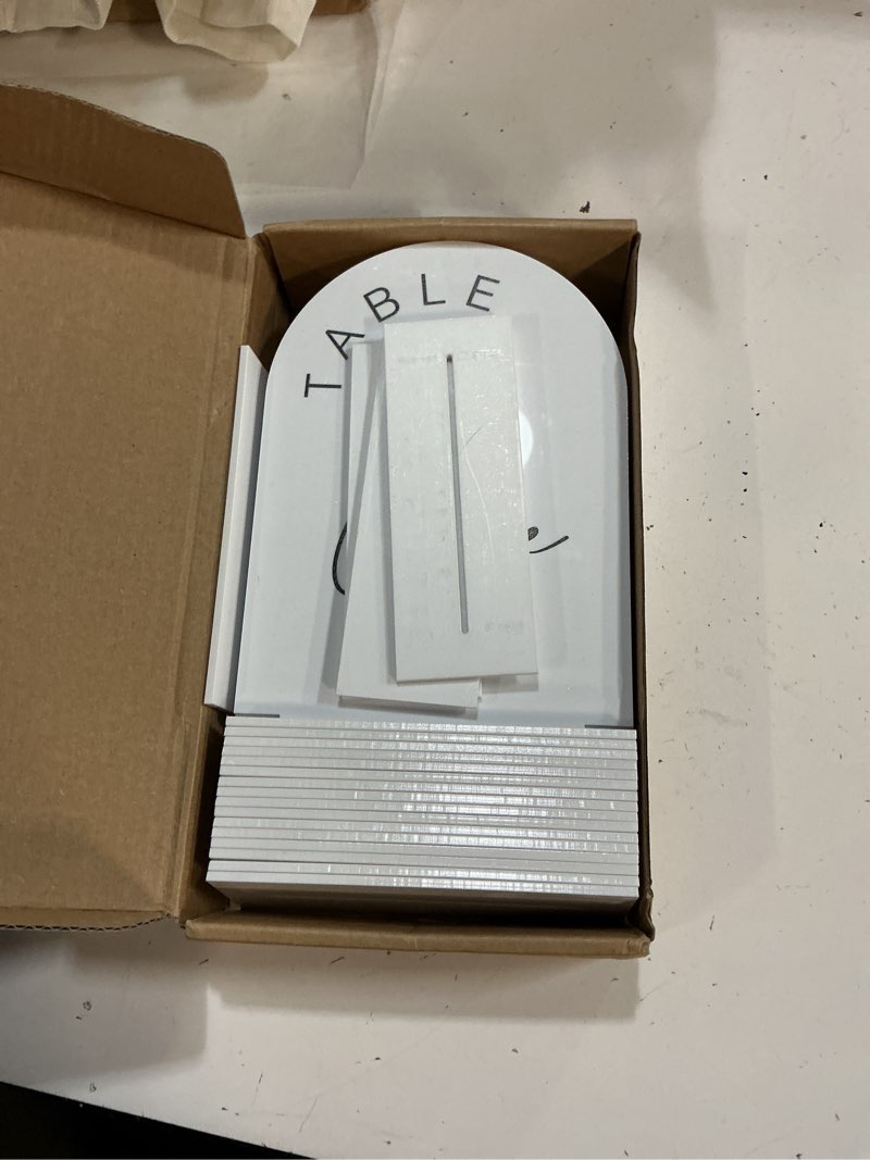 Condition photo showing New/Like New for jinmury white arch wedding table numbers 1-20 with stands, 5x7 inch acrylic arch sign with black lettering, white acrylic table numbers for wedding reception white black font 5x7 inch table number 1-20