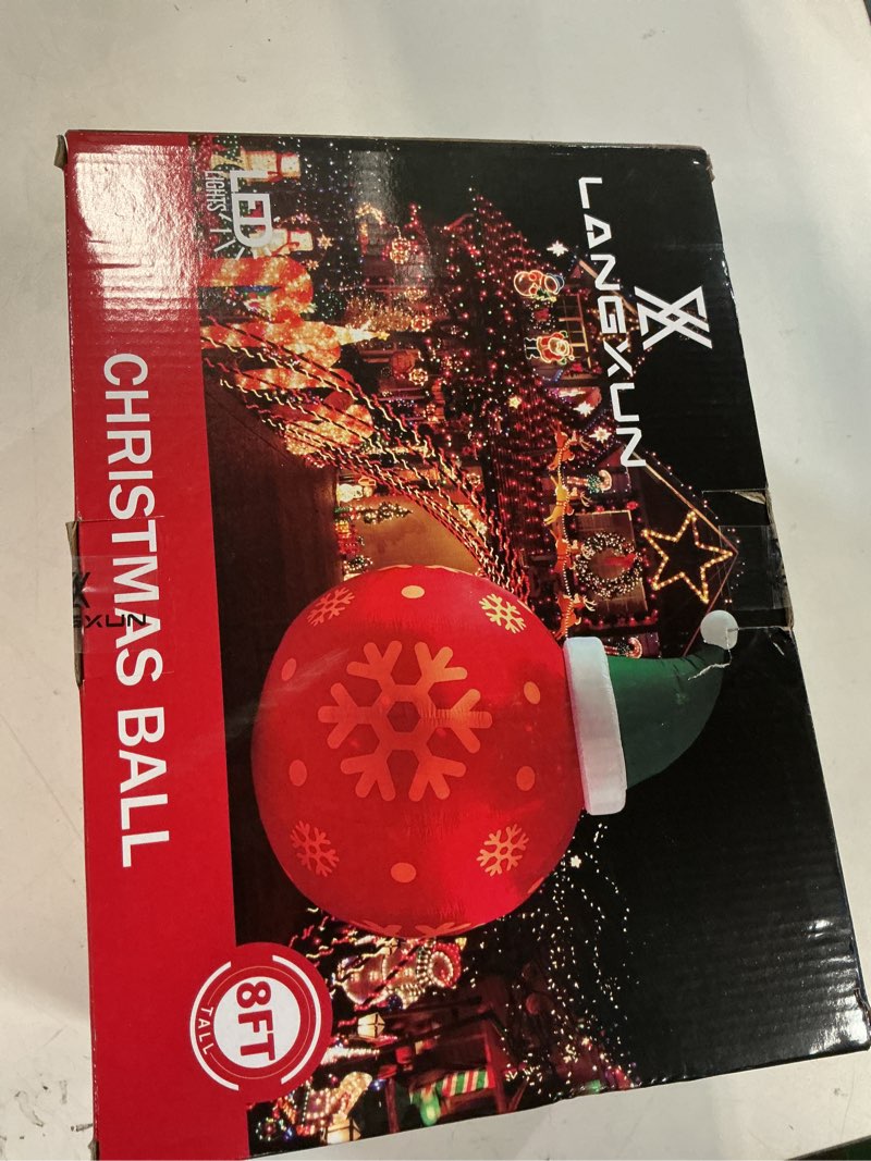 Condition photo showing New/Like New for 8ft Red Christmas Ball with Santa Hat Inflatable Outdoor Indoor Decor, Giant Blow Up IP44 Weatherproof Xmas Decorations for Yard, Built-in 7-Color LED Rotating Light for Gardern Lawn Winter Holiday